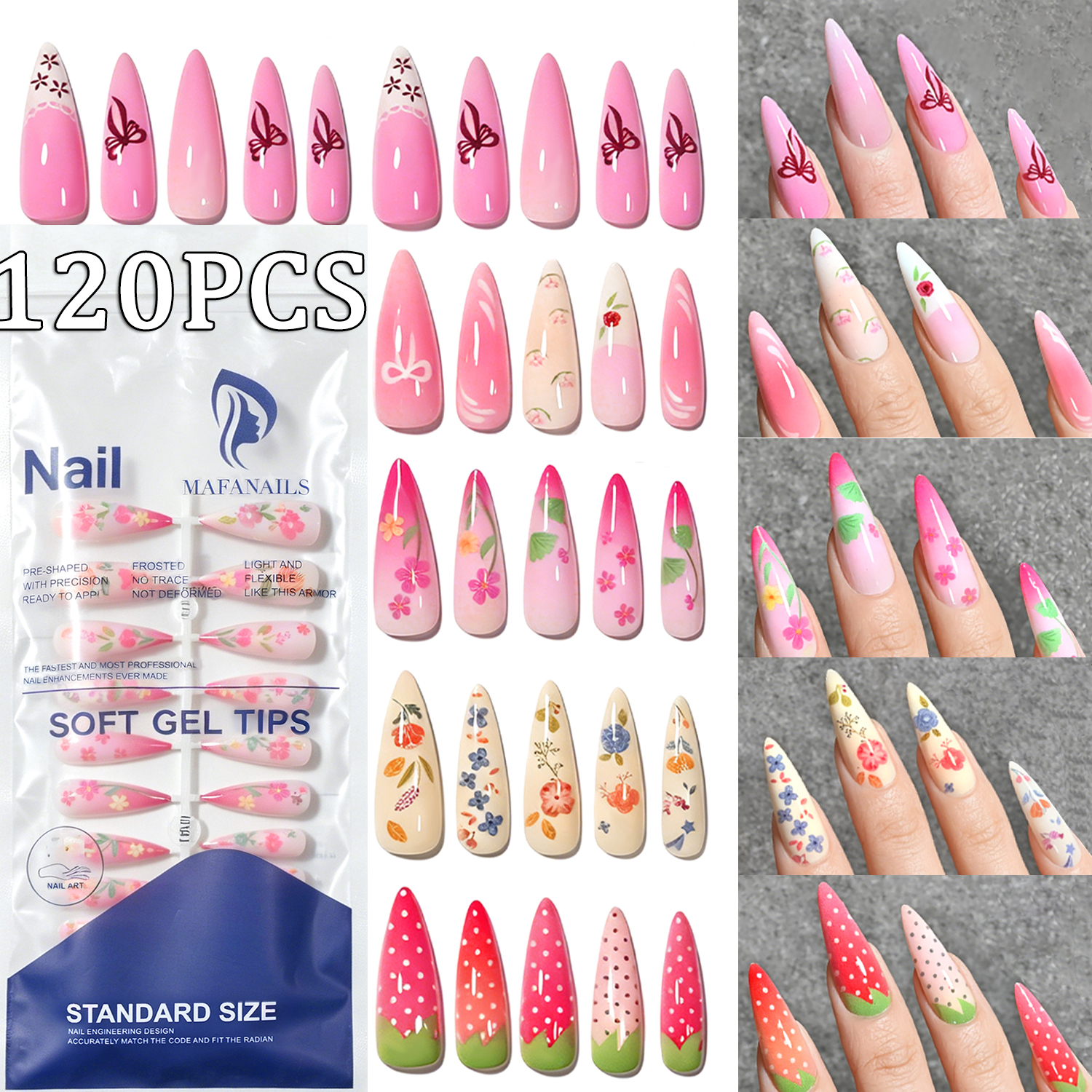 Pressed Flower Art - 120Pcs Long Almond Press On Nails