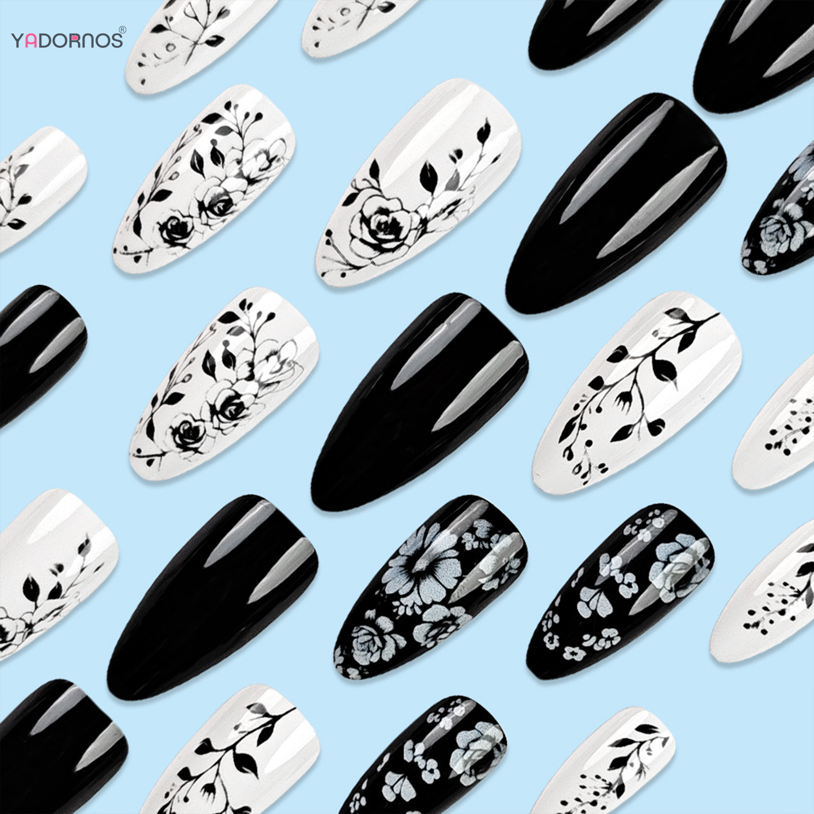 24Pcs Almond Fake Nails Black/ - Pressed Flower Art recensie en prijs